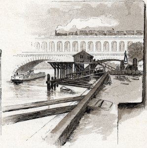Le viaduct du point du Jour, Boulogne-Billancourt (Udsigt over viaduktbroen i Point du jour-distriktet, Boulogne Billancourt) Tegning af Gustave Fraipont (1849-1923) fra Saint-Juirs af Gustave Fraipont