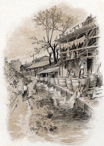 Megisseries i rue du pot-au-lait i Pete Gentilly-distriktet ved bredden af ​​Bievre i Paris (Udsigt over Bievre-floden og lædertawing (tawering) boder i Pete Gentilly-distriktet, Paris) Tegning af Gustave Fraipont (1849) -1923) fra Sain af Gustave Fraipont