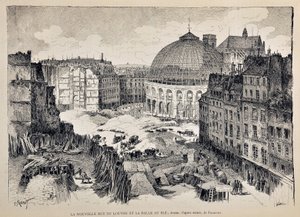Den nye Rue du Louvre og Halle au Ble i Paris i 1887. illustration af Gustave Fraipont (1849 - 1923). Indgravering fra 1887 i "" Paris-Illustrous journal weekly"". af Gustave Fraipont