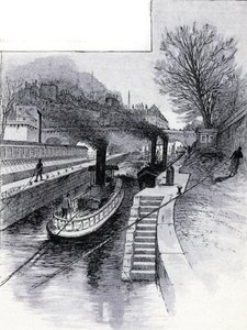 Trækbåde af slusen på Seinen foran Hotel des Monnaie, Paris Tegning af Gustave Fraipont (1849-1923) fra Saint-Juirs af Gustave Fraipont