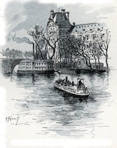 Udsigt over Pavillon de Flore, Palais du Louvre, fra Quai Voltaire, Paris (Udsigt over Pavillon de Flore-delen af ​​Louvre-paladset fra quai Voltaire, Paris) Tegning af Gustave Fraipont (1849-1923) fra Saint-Juirs af Gustave Fraipont