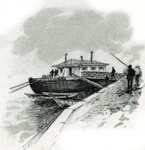 Udsigt over båden, hvor handlende betalte tilskuddet fra Seine for at kunne importere varer, quai de Bercy a Paris (Udsigt over båden i quai de Bercy, hvor handlende betalte tilskuddet, afgift for at importere varer, Paris) Tegning af Gustave Fraipont ( 18 af Gustave Fraipont