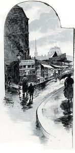 Udsigt over brocanteurs på hjørnet af rue de la bucherie i Paris (genbrugsbutikker i rue de la Bucherie, Paris) Tegning af Gustave Fraipont (1849-1923) tager fra "La seine a travers Paris" af Saint- Juirs af Gustave Fraipont