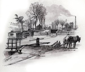 Udsigt over kanalen Saint-Denis og quai de la Gironde a la Villette, Paris (Udsigt over canal saint Denis og quai de la Gironde i Villette-distriktet, Paris) Tegning af Gustave Fraipont (1849-1923) fra Saint-Juirs af Gustave Fraipont