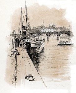Udsigt over firmaet Seine et Thames, hvis både forbinder Paris og London Tegning af Gustave Fraipont (1849-1923) tegner fra "La seine a travers Paris" af Saint-Juirs af Gustave Fraipont