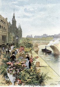 Udsigt over blomstermarkedet, Ile de la Cite, Paris Tegning af Gustave Fraipont (1849-1923) fra Saint-Juirs