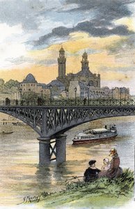 Udsigt over gangbroen i Passy (nu bro over Bir Hakeim) i Paris Tegning af Gustave Fraipont (1849-1923) fra Saint-Juirs