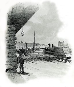 Udsigt over hangarerne i havnen i La Villette i Paris (både og skur fra havnen i La Villette, Paris) Tegning af Gustave Fraipont (1849-1923) er hentet fra "La seine a travers Paris" af Saint-Juirs af Gustave Fraipont