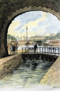 Udsigt over slusen ved Canal Saint Martin i Paris Tegning af Gustave Fraipont (1849-1923) fra "La seine a travers Paris" af Saint-Juirs af Gustave Fraipont