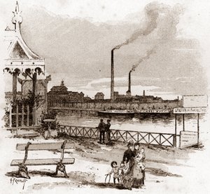Udsigt over quai de Javel i Paris, actuel quai André-Citroen (Udsigt over quai Andre Citroen tidligere quai de Javel, Paris) Tegning af Gustave Fraipont (1849-1923) tager fra "La seine a travers Paris" af Saint- Juirs