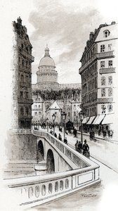 Udsigt over rue de Bellay og kuplen af Pantheon, Paris (Udsigt over rue du Bellay og Pantheons kuppel, 5. distrikt, Paris) Tegning af Gustave Fraipont (1849-1923) fra Saint-Juirs af Gustave Fraipont