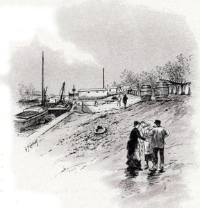 Udsigt over notflodens bredder og kajen Saint-Bernard, Paris Tegning af Gustave Fraipont (1849-1923) henter fra "La seine a travers Paris" af Saint-Juirs