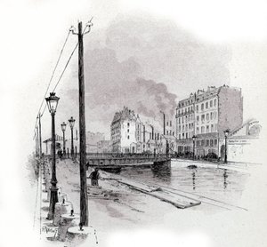 Udsigt over den svingende bro over quai de Valmy på kanalen Saint Martin, Paris Tegning af Gustave Fraipont (1849-1923) fra Saint-Jurs af Gustave Fraipont