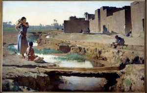 Orientalisme: "" La Seguia nær Biskra""" Kvinde og barn tager vand ved floden i en oase i den algeriske ørken. Maleri af Gustave Achille Guillaumet (1840-1887) 1884 søn. 1x1,5 m Paris, musee d
