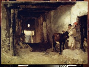 Orientalisme: ""Et hus i Sahara"" (Et hus i Sahara) En kvinde og hendes barn ledsaget af et æsel. Maleri af Gustave Guillaumet (1840-1887) omkring 1880 Pushkin Museum, Moskva
