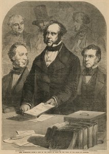 Lord Palmerston lægger en kopi af fredstraktaten på underhusets bord af Gustave Janet