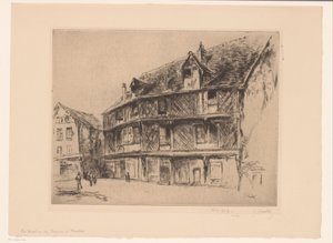 Gade med huse og vandrere i Chartres La maison du saumon (Chartres) (titel på objektet) af Gustave Leheutre (signed by artist)