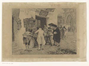 Mænd samledes omkring en boghandlers udstilling Les Bibliophiles (titel på objekt) af Gustave Marie Greux