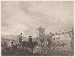 Hvile og svømme figurer på en bank Die pferdetränke (titel på objekt) af Gustave Marie Greux