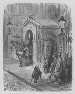 Hestevagt i fraktion foran dronningens palads af Gustave after Dore