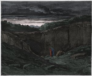 Inferno, Canto 3 : Virgil og Dante ved Helvedes porte, illustration fra Den guddommelige komedie af Dante Alighieri, 1885 (digitalt farvelagt gravering) af Gustave after Dore