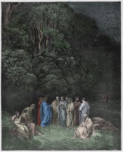Inferno, Canto 4 : Homer, digterne og heltene i Limbo, illustration fra Den guddommelige komedie af Dante Alighieri, 1885 (digitalt farvelagt gravering)