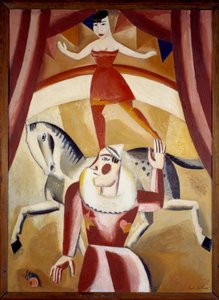 Cirkus III En akrobat Ecuyere i balance på en hest og en klovn på en cirkusbane, der giver et show. Maleri af Gustave de Smet (1877-1943) 1926 søn. 1,3x1,1 m Grenoble, Musee des Beaux Arts Bemærk! Brug af dette værk kan være underlagt en tredjepartsautoris