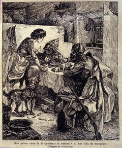 Hans første bekymring var at køre dem til køkkenet og fodre dem... Illustration af den nye "" Colomba"" skrevet af Prosper Merimee. Gravering af Gustavino (Gustavo Rosso) (1881-1950), omkring 1915 af Gustavo Gustavino Rosso