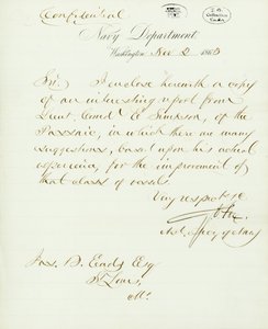Brev signeret G.V. Fox, Navy Department, Washington, til Jas. B. Eads [James B. Eads], St. Louis, Mo., 2. november 1863 af Gustavus Vasa Fox