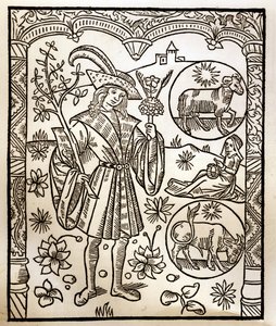 Hyrdekalender - Månedernes arbejde - April - Træsnit fra bogen fra 1496 trykt af Guy Marchant (Guido Mercator) i Troyes - Træstik i "Le grand Calendrier et compost des shepherds" -