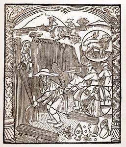 Hyrdekalender - Månedernes arbejde - August - Træsnit fra bogen fra 1496 trykt af Guy Marchant (Guido Mercator) i Troyes - Træstik i "Le grand Calendrier et compost des shepherds" -