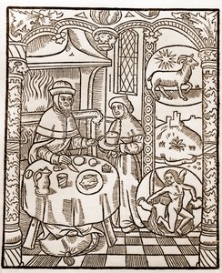 Hyrdekalender - Månedernes arbejde - Januar - Træsnit fra bogen fra 1496 trykt af Guy Marchant (Guido Mercator) i Troyes - Træstik i "Le grand Calendrier et compost des shepherds" -