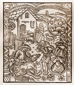 Hyrdekalender - Månedernes Arbejde - Juni - Træsnit fra bogen fra 1496 trykt af Guy Marchant (Guido Mercator) i Troyes - Træstik i "Le grand Calendrier et compost des shepherds"" -