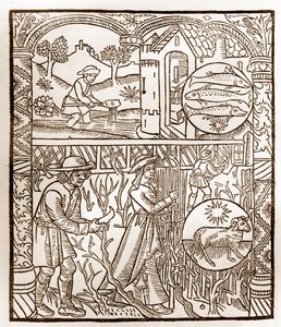 Hyrdekalender - Månedernes arbejde - marts - Træsnit fra bogen fra 1496 trykt af Guy Marchant (Guido Mercator) i Troyes - Træstik i "Le grand Calendrier et compost des shepherds" - af Guy Marchant