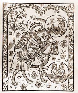 Hyrdekalender - Månedernes arbejde - Maj - Træsnit fra bogen fra 1496 trykt af Guy Marchant (Guido Mercator) i Troyes - Træstik i "Le grand Calendrier et compost des shepherds" -