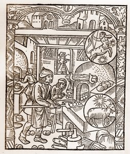 Hyrdekalender - Månedernes arbejde - November - Træsnit fra bogen fra 1496 trykt af Guy Marchant (Guido Mercator) i Troyes - Træstik i "" Le grand Calendrier et compost des shepherds"" - Brødovn -
