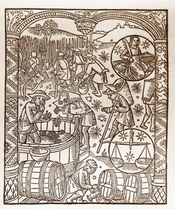 Hyrdekalender - Månedernes arbejde - Oktober - Træsnit fra bogen fra 1496 trykt af Guy Marchant (Guido Mercator) i Troyes - Træstik i "" Le grand Calendrier et compost des shepherds"" - Høsten - og tegnene på stjernetegn: den