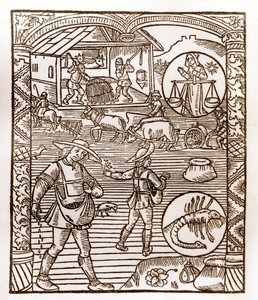 Hyrdekalender - Månedernes arbejde - September - Træsnit fra bogen fra 1496 trykt af Guy Marchant (Guido Mercator) i Troyes - Au premier plan, des peassans sement a la volee - Træsnit i "Le grand Calendrier et compost des shepherds" - af Guy Marchant