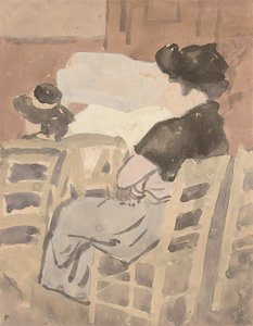 En kvinde og en ung pige i et kirkeinteriør (akvarel på papir) af Gwen John