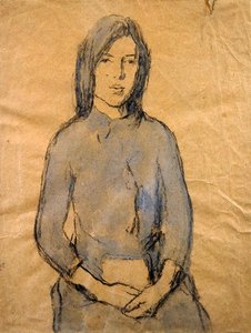 Pige, hænder hviler i hendes skød (blyant og akvarel på papir) af Gwen John