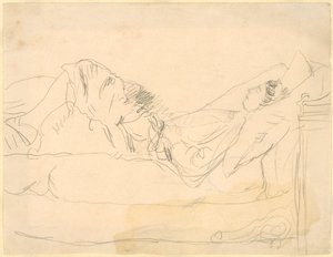 Pige ligger på en seng (blyant på papir) af Gwen John