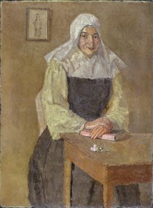 Mere Poussepin siddende ved et bord (olie på lærred) af Gwen John