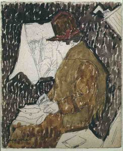Profil af en kvinde i en jernbanevogn (akvarel på papir) af Gwen John
