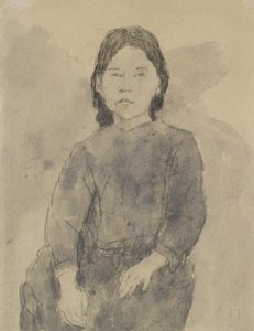Siddende pige (Marie Hamonet?) (kul, grå vask & kropsfarve på gråt papir)