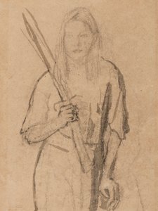 Stående pige med træstolpe i hånden (blyant og vask på papir) af Gwen John
