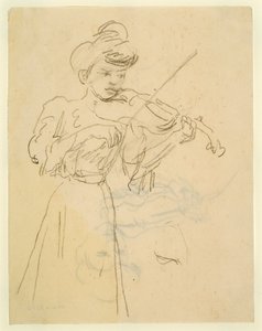 Kvinde står og spiller violin (blyant på papir) af Gwen John