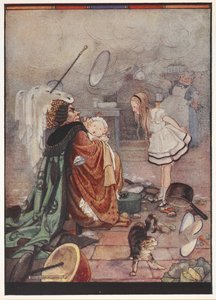 En kaotisk køkkenscene, hvor hollænderinden bærer en gris klædt ud som en baby og taler med Alice, mens kokken kaster med redskaber. af Gwynedd M. Hudson