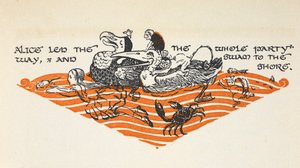 Illustration af Alice og dyrene, der svømmer af sted fra 