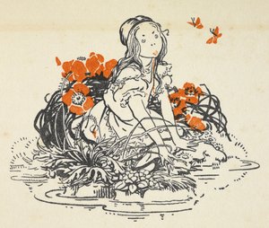 Illustration af Alice ved siden af en pool omgivet af valmuer og sommerfugle