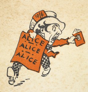 Illustration af den gale hattemager, der løber med en bog og et skilt, hvor der står "Alice Alice Alice"